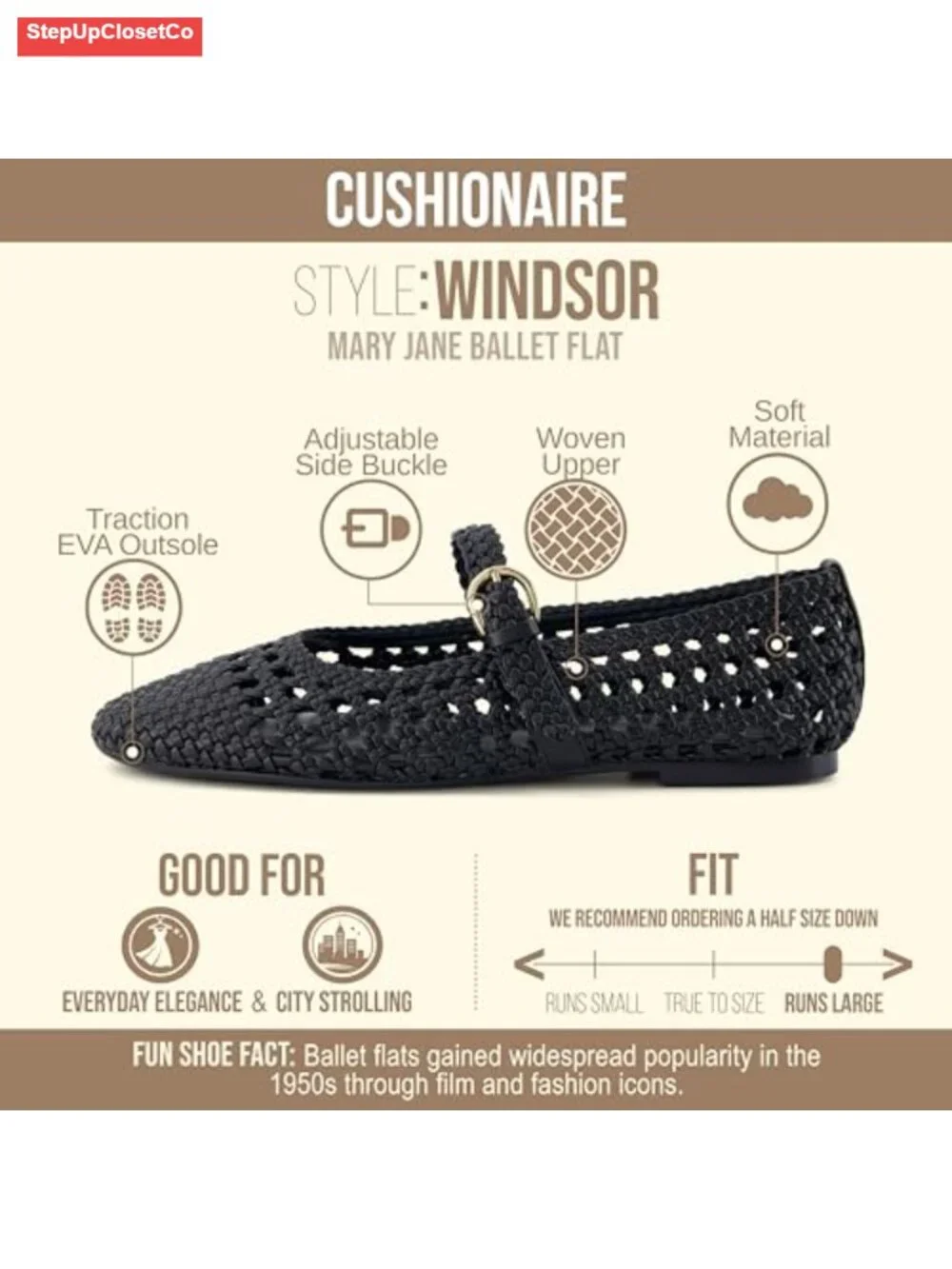 Women's Woven Mary Jane Ballet Flats with Adjustable Strap - Cushioned Comfort